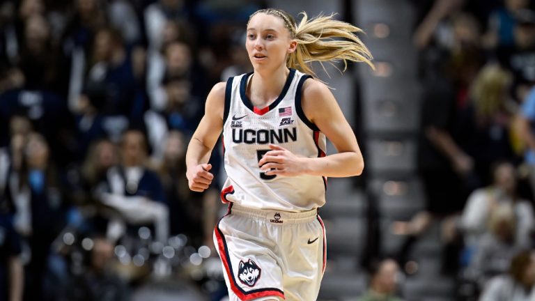 UConn guard Paige Bueckers (5) during the first half of an NCAA college basketball game in the semifinals of the Big East Conference tournament, Sunday, March 9, 2025, in Uncasville, Conn. (Jessica Hill/AP)