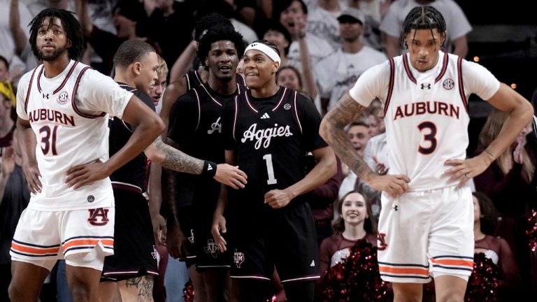 Texas A&M guard Zhuric Phelps (1) reacts after being fouled on a shot late in the second half of an NCAA college basketball game against Auburn on Tuesday, March 4, 2025, in College Station, Texas. (Sam Craft/AP)