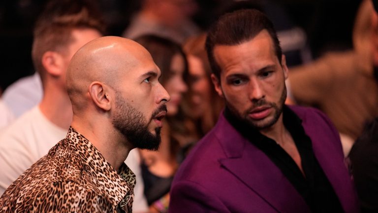 Andrew Tate, left, and Tristan Tate attends a UFC 313 mixed martial arts event Saturday, March 8, 2025, in Las Vegas. (John Locher/AP)
