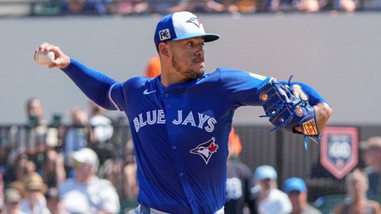 Toronto Blue Jays pitcher Jose Berríos throws against the Detroit Tigers in the first inning of a spring training baseball game, Monday, March 3, 2025, in Lakeland, Fla. (John Raoux/AP)