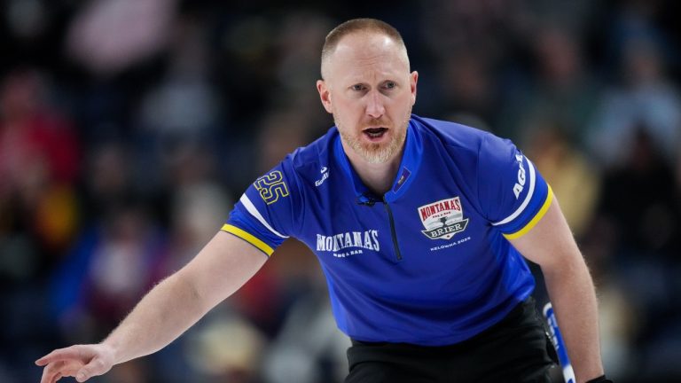 Alberta skip Brad Jacobs calls out to the sweepers while playing Manitoba-Carruthers during the playoffs at the Brier, in Kelowna, B.C., on Saturday, March 8, 2025. (Darryl Dyck/CP)