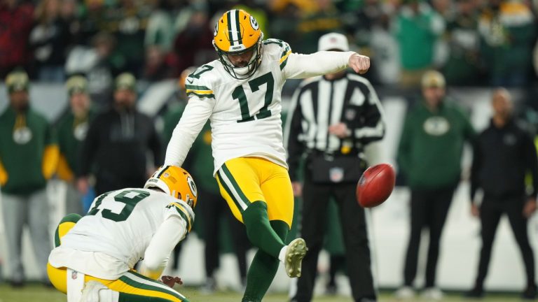 Green Bay Packers place kicker Brandon McManus (17) makes a field goal during the second half of an NFL wild-card playoff football game against the Philadelphia Eagles on Sunday, Jan. 12, 2025, in Philadelphia. (Matt Slocum/AP)