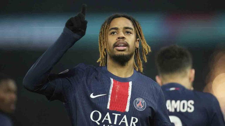 PSG's Bradley Barcola celebrates scoring his side first goal during the French League One soccer match between Paris Saint-Germain and Lille, Saturday, March 1, 2025 at the Parc des Princes stadium in Paris. (Christophe Ena/AP)