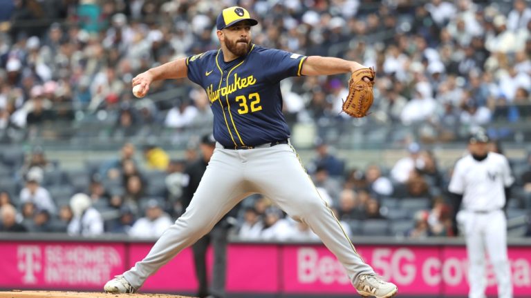 Milwaukee Brewers pitcher Aaron Civale throws during the first inning of a baseball game against the New York Yankees, Sunday, March 30, 2025, in New York. (Pamela Smith/AP)