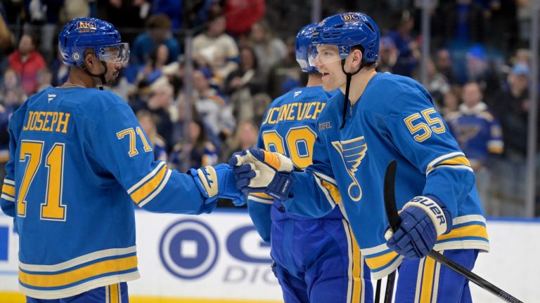 St. Louis Blues' Colton Parayko (55) and Mathieu Joseph (71) celebrate after defeating the Los Angeles Kings in an NHL hockey game Saturday, March 1, 2025, in St. Louis. (Michael Thomas/AP)
