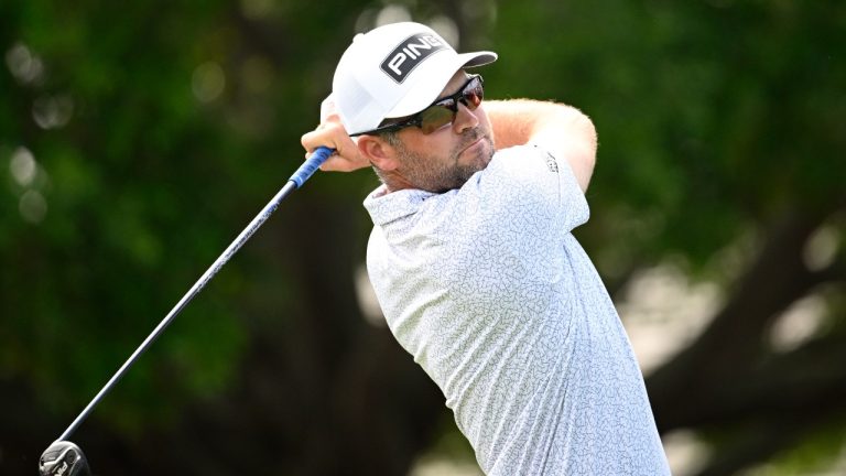 Corey Conners, of Canada, tees off on the first hole during the third round of the Arnold Palmer Invitational at Bay Hill golf tournament, Saturday, March 8, 2025, in Orlando, Fla. (Phelan M. Ebenhack/AP)