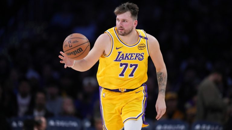 Los Angeles Lakers' Luka Doncic (77) dribbles during the second half of an NBA basketball game against the New Orleans Pelicans Tuesday, March 4, 2025, in Los Angeles. (Jae C. Hong/AP)