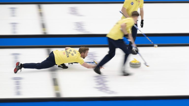 Swedens's skip Niklas Edin in action during the gold medal game against Canada in the Men's World Curling Championship, at the IWC Arena in Schaffhausen, Switzerland, Sunday, April 7, 2024. (Christian Beutler/Keystone via AP)