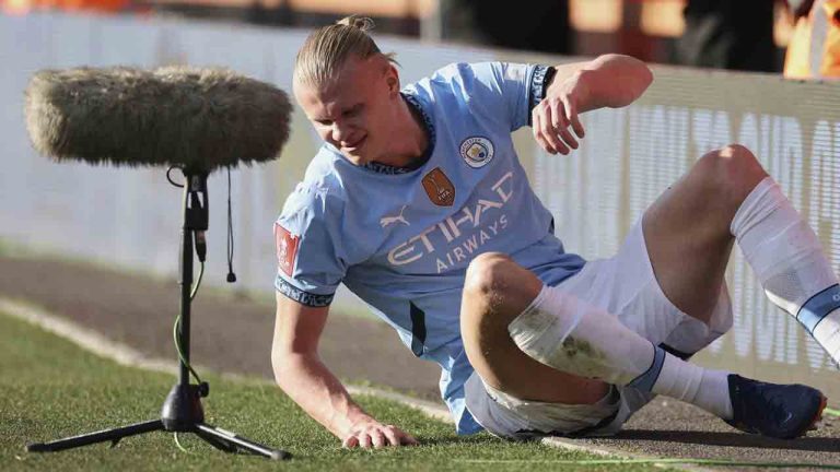 Manchester City's Erling Haaland reacts after sustaining an injury during the English FA Cup quarterfinal soccer match between Bournemouth and Manchester City at the Vitality stadium in Bournemouth, England, Sunday, March 30, 2025. (Ian Walton/AP)