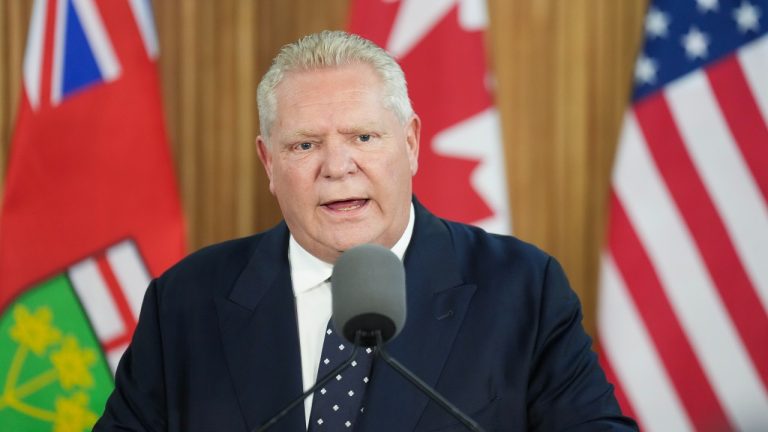 Ontario Premier Doug Ford holds a press conference regarding the new tariffs that the United States has placed on Canada, at Queen's Park in Toronto on Tuesday, March 4, 2025. (Nathan Denette/THE CANADIAN PRESS)