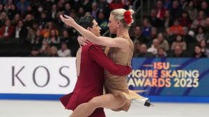 Piper Gilles and Paul Poirier, of Canada, perform during the ice dance free dance program at the figure skating world championships, Saturday, March 29, 2025, in Boston. (Charles Krupa/AP)