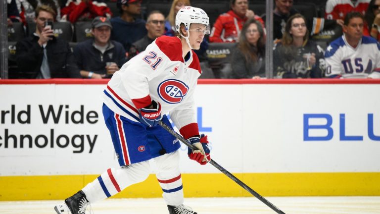 Montreal Canadiens defenceman Kaiden Guhle (21) in action during the first period of an NHL hockey game against the Washington Capitals, Thursday, Oct. 31, 2024, in Washington. (Nick Wass/AP)