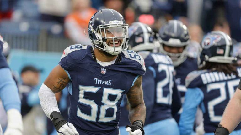 Tennessee Titans outside linebacker Harold Landry III (58) celebrates an interception by a teammate during the first half of an NFL football game against the Cincinnati Bengals. (Stew Milne/AP)