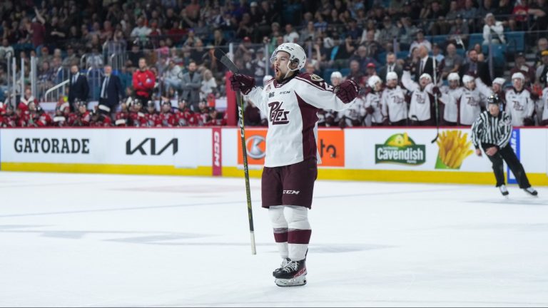 Peterborough Petes' Avery Hayes celebrates his goal against the Quebec Remparts during second period Memorial Cup hockey action, in Kamloops, B.C., on Tuesday, May 30, 2023. (Darryl Dyck/CP)
