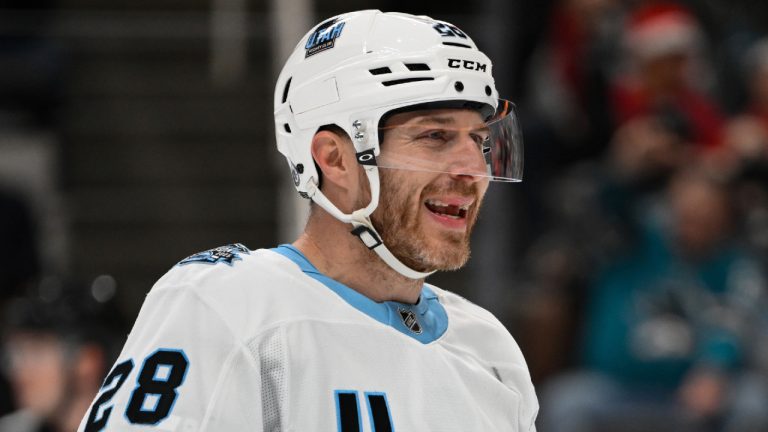 Utah Hockey Club defenseman Ian Cole (28) looks on against the San Jose Sharks during the first period of an NHL hockey game Saturday, Dec. 14, 2024, in San Jose, Calif. (Eakin Howard/AP)