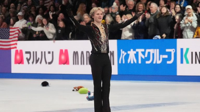 Ilia Malinin, of the United States, reacts after performing during the men's free skating program at the figure skating world championships, Saturday, March 29, 2025, in Boston. (Charles Krupa/AP)