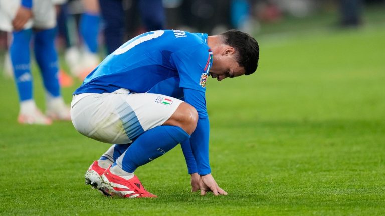 Italy's Giacomo Raspadori reacts after the Nations League quarterfinal second leg soccer match between Germany and Italy at the Signal-Iduna Park in Dortmund, Germany, Sunday, March 23, 2025. (Martin Meissner/AP Photo)