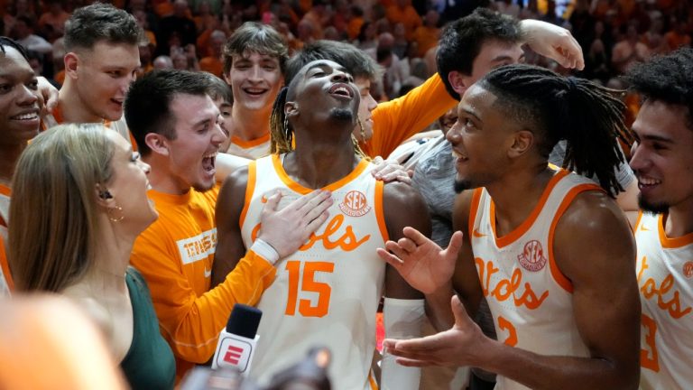 Tennessee guard Jahmai Mashack (15) celebrates after he scored the winning 3-point basket as time expired in an NCAA college basketball game against Alabama, Saturday, March 1, 2025, in Knoxville, Tenn. (Mark Humphrey/AP)