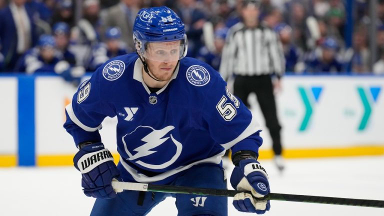 Tampa Bay Lightning centre Jake Guentzel (59) against the Los Angeles Kings during the second period of an NHL hockey game Thursday, Jan. 30, 2025, in Tampa, Fla. (Chris O'Meara/AP)