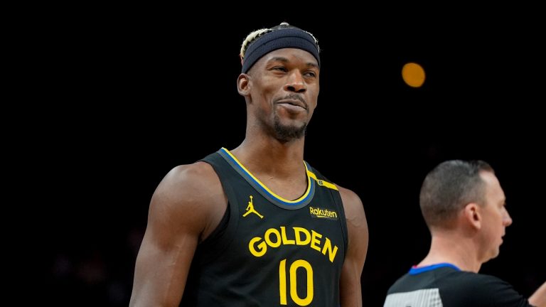 Golden State Warriors forward Jimmy Butler III (10) works against the Atlanta Hawks during the second half of an NBA basketball game, Saturday, March 22, 2025, in Atlanta. (Mike Stewart/AP)