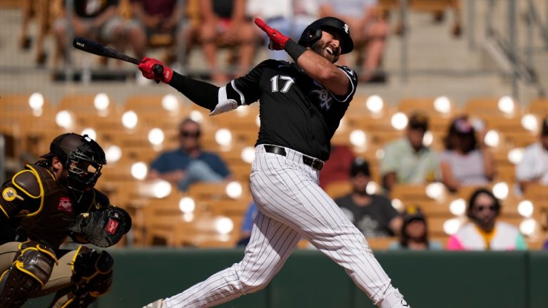 Chicago White Sox's Joey Gallo reacts as he is called out on strikes during the second inning of a spring training baseball game, as San Diego Padres catcher Luis Campusano lookon, right, Wednesday, Feb. 26, 2025, in Phoenix. (Carolyn Kaster/AP)