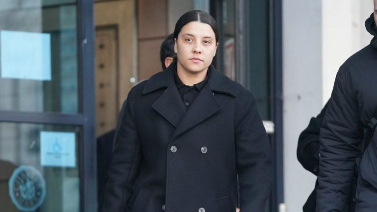 Chelsea and Australia football striker Sam Kerr, leaves a court after a hearing, in London, Thursday, Feb. 6, 2025. (Alberto Pezzali/AP)