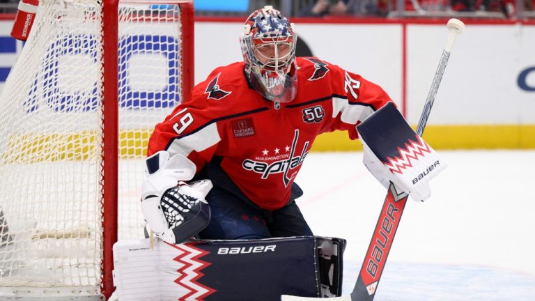Washington Capitals goaltender Charlie Lindgren (79) in action during the second period of an NHL hockey game against the Edmonton Oilers, Sunday, Feb. 23, 2025, in Washington. (Nick Wass/AP)