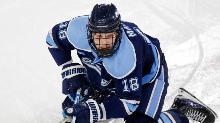 Maine forward Taylor Makar (18) reacts during the first period of an NCAA hockey game against Northeastern on Saturday, Oct. 26, 2024, in Boston. (Greg M. Cooper/AP)