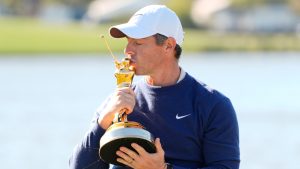 Rory McIlroy, of Northern Ireland, reacts during a trophy ceremony after winning a playoff round of The Players Championship golf tournament Monday, March 17, 2025, in Ponte Vedra Beach, Fla. (Julia Demaree Nikhinson/AP)
