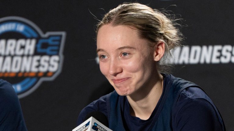 UConn guard Paige Bueckers attends a news conference before the Sweet 16 of the NCAA college basketball tournament Friday, March 28, 2025, in Spokane, Wash. (Jenny Kane/AP)