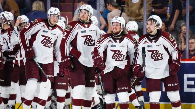 Peterborough Petes players celebrate after defeating the Kamloops Blazers in overtime Memorial Cup hockey action in Kamloops, B.C., Thursday, June 1, 2023. (Jeff McIntosh/CP)