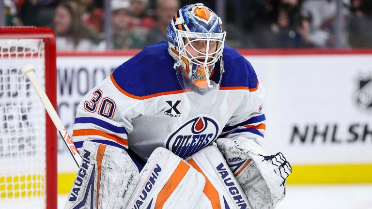Edmonton Oilers goaltender Calvin Pickard defends his net during the second period of an NHL hockey game.