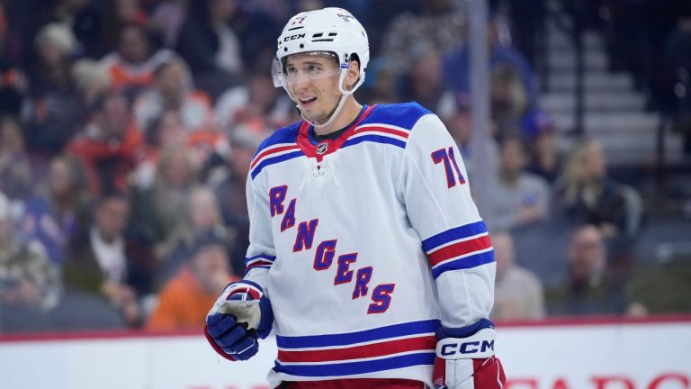 New York Rangers' Tyler Pitlick plays during an NHL hockey game, Friday, Nov. 24, 2023, in Philadelphia. (Matt Slocum/AP)