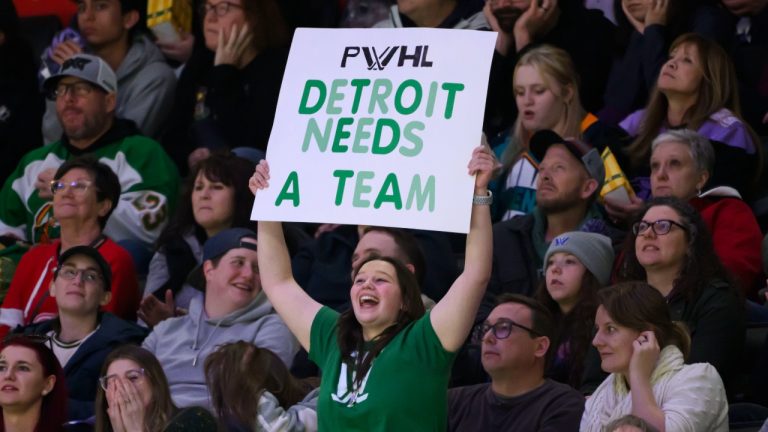 A fan holds up a sign indicating a desire for Detroit to get a PWHL team during the second period of a PWHL game between the New York Sirens and the Minnesota Frost, at Little Caesars Arena, in Detroit, Sunday, March 16, 2025. (David Guralnick/Detroit News via AP)
