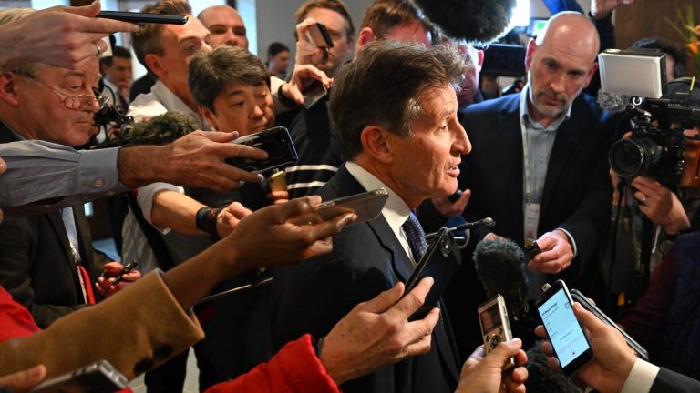 Sebastian Coe speaks to the media after he failed in his bid to become the new IOC President at the International Olympic Committee 144th session in Costa Navarino, western Greece, Thursday, March 20, 2025. (Nikolas Kominis/AP)