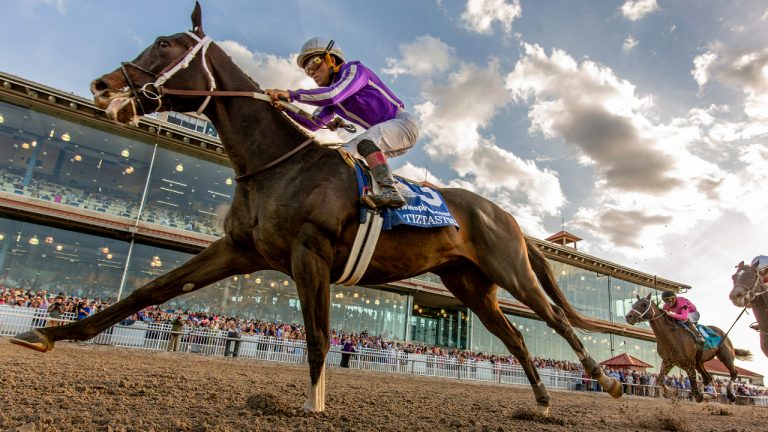 In a photo provided by Fair Grounds Race Course, Tiztastic with Joel Rosario aboard wins the 112th running of the Louisiana Derby horse race at Fair Grounds Race Course in New Orleans, Saturday, March 22, 2025. (Amanda Hodges Weir/Hodges Photography/Fair Grounds via AP)