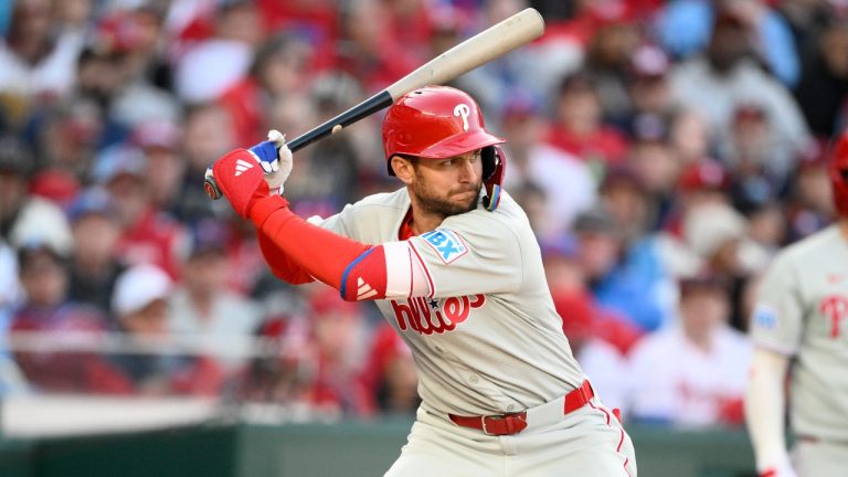 Philadelphia Phillies' Trea Turner in action during an opening-day baseball game against the Washington Nationals, Thursday, March 27, 2025, in Washington. (Nick Wass/AP)