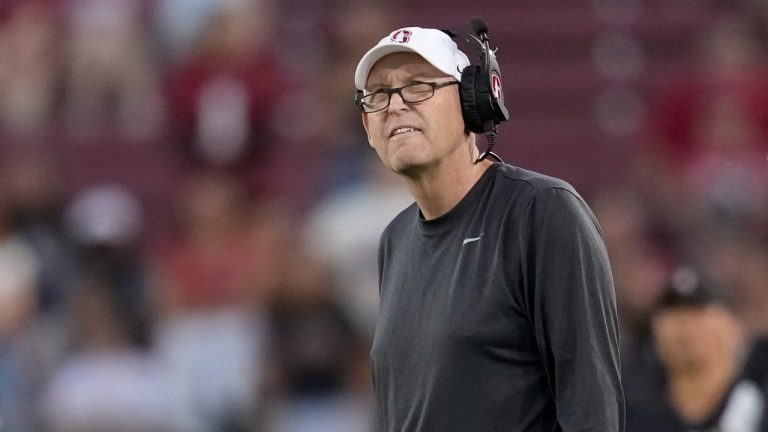 Stanford head coach Troy Taylor reacts as he watches the video board during the first half of an NCAA college football game against SMU in Stanford, Calif., Saturday, Oct. 19, 2024. (Jeff Chiu/AP)