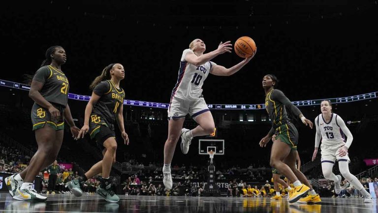 TCU guard Hailey Van Lith (10) puts up a shot during the second half of an NCAA college basketball game against Baylor for the Big 12 women's tournament championship. (Charlie Riedel/AP)