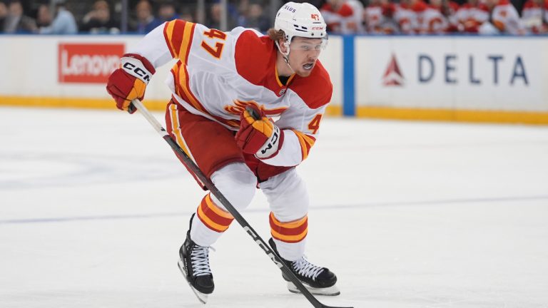 Calgary Flames' Connor Zary (47) during the first period of an NHL hockey game against the New York Rangers Tuesday, March 18, 2025, in New York. (Frank Franklin II/AP)