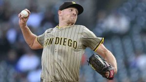 San Diego Padres pitcher Nick Pivetta (27) throws a pitch against the Detroit Tigers during the first inning of a baseball game, Tuesday, April 22, 2025, in Detroit. (Lon Horwedel/AP)