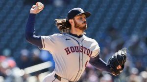 Houston Astros pitcher Spencer Arrighetti throws during the first inning of a baseball game against the Minnesota Twins, Saturday, April 5, 2025, in Minneapolis. (Stacy Bengs/AP)