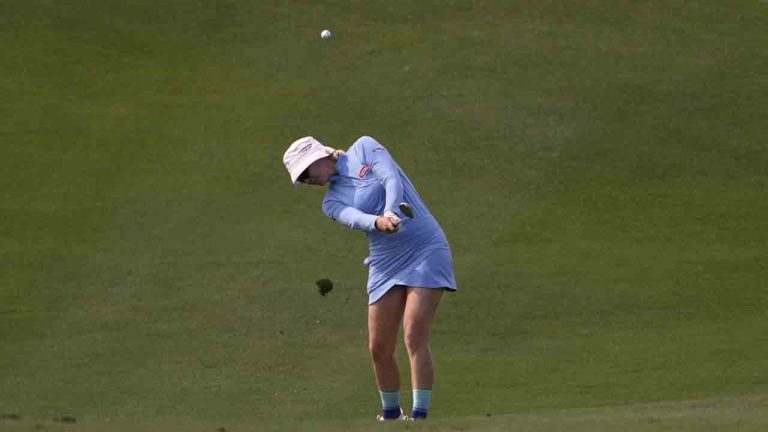 Madelene Sagstrom, of Sweden, hits from the 18th fairway during the first round of the Ford Championship LPGA golf event, Thursday, March 27, 2025, in Phoenix. (Matt York/AP)