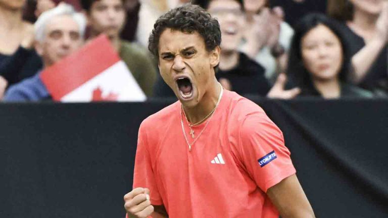 Gabriel Diallo, of Canada, reacts during his Davis Cup qualifying tennis match against Fabian Marozsan, of Hungary, in Montreal on Sunday, February 2, 2025. (Graham Hughes/CP)