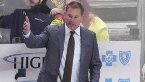 Vegas Golden Knights head coach Bruce Cassidy stands behind his bench during the third period of an NHL hockey game against the Pittsburgh Penguins in Pittsburgh, Tuesday, March 11, 2025. (Gene J. Puskar/AP)
