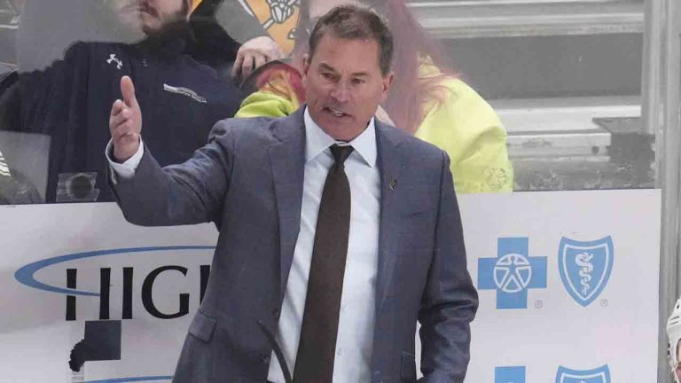 Vegas Golden Knights head coach Bruce Cassidy stands behind his bench during the third period of an NHL hockey game against the Pittsburgh Penguins in Pittsburgh, Tuesday, March 11, 2025. (Gene J. Puskar/AP)