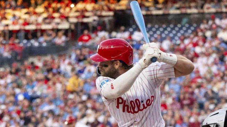 Philadelphia Phillies' Bryce Harper takes an at-bat during the first inning of a baseball game against the San Francisco Giants, Monday, April 14, 2025, in Philadelphia. (Chris Szagola/AP)