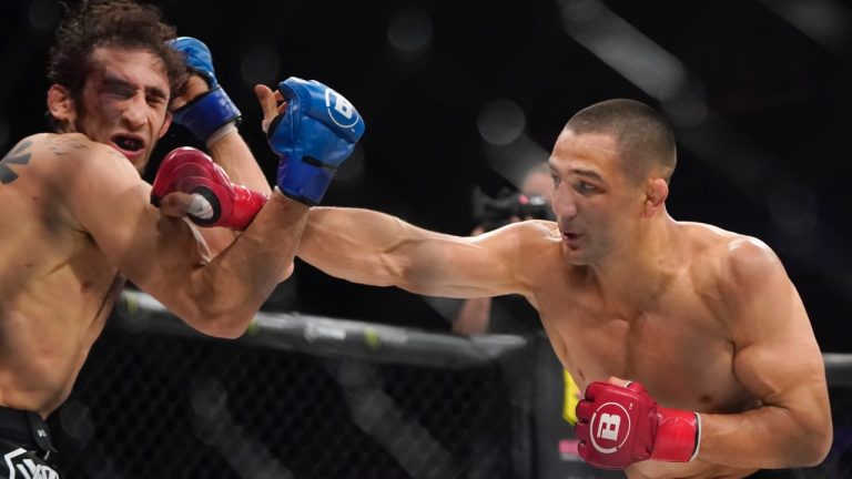 Aaron Pico, right, punches Adli Edwards during a bout at Bellator 277 in 2022. Pico won in the third round. (Jeff Chiu/AP)
