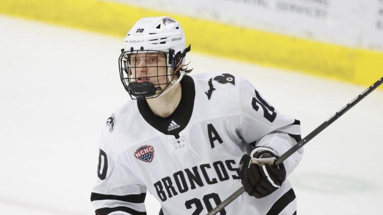 Western Michigan's Alex Bump plays during an NCAA hockey game on Saturday, Nov. 16, 2024, in Kalamazoo, Mich. (AP Photo/Al Goldis)