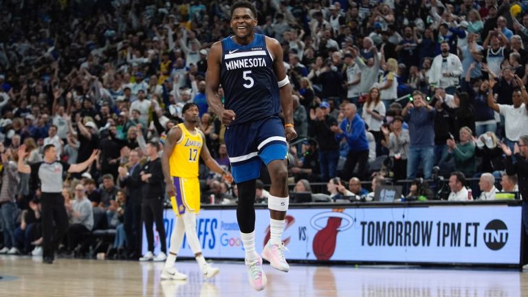 Minnesota Timberwolves guard Anthony Edwards celebrates after making a three-point shot during the second half of Game 3 of an NBA first-round playoff series against the Los Angeles Lakers, Friday, April 25, 2025, in Minneapolis. (AP/Abbie Parr)